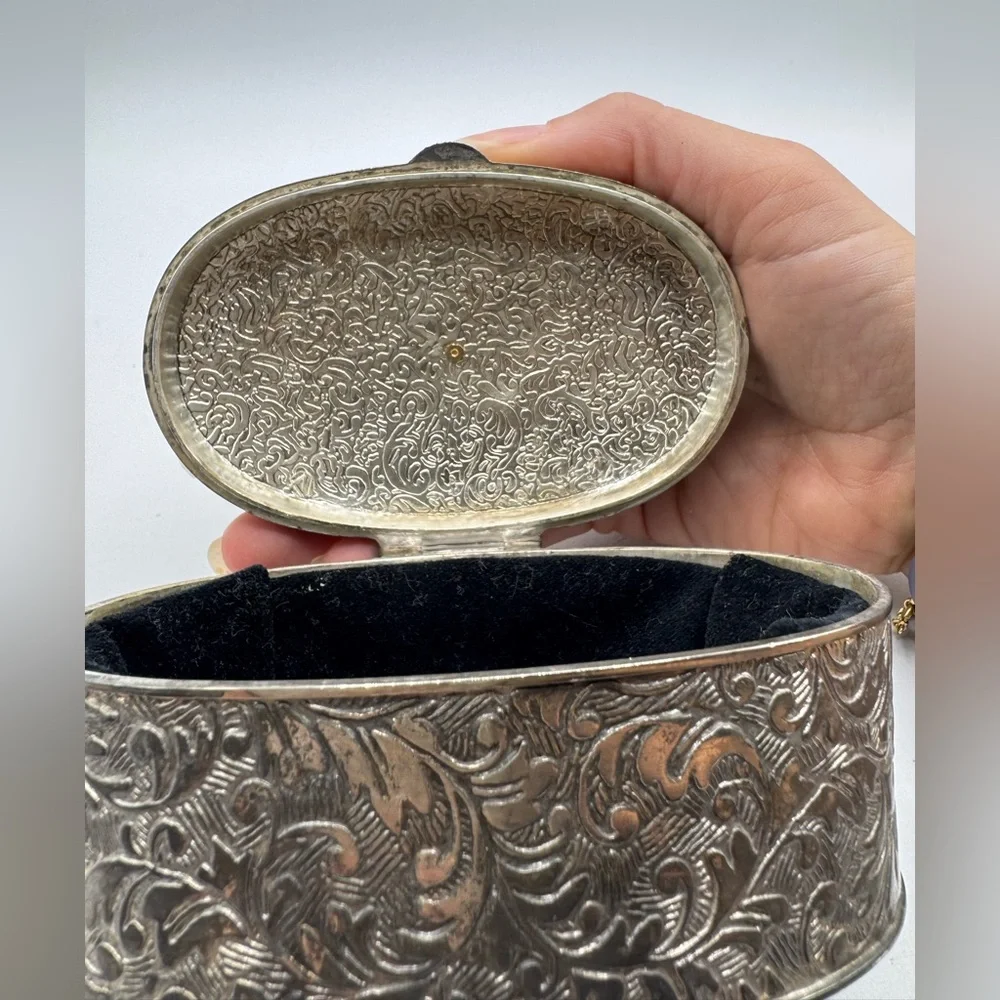 Victorian Style Silver Plated Trinket Box 1 3/4x4 inches With Red Insert Velvet